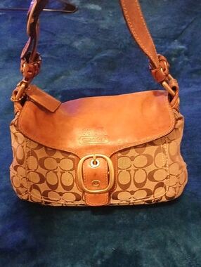 Coach Tan Signature Canvas Shoulder Bag with Leather Flap